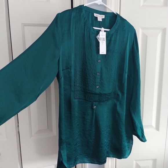 Coldwater Creek Forest Green Bib Front Pleated Blouse Tunic M - Picture 2 of 12